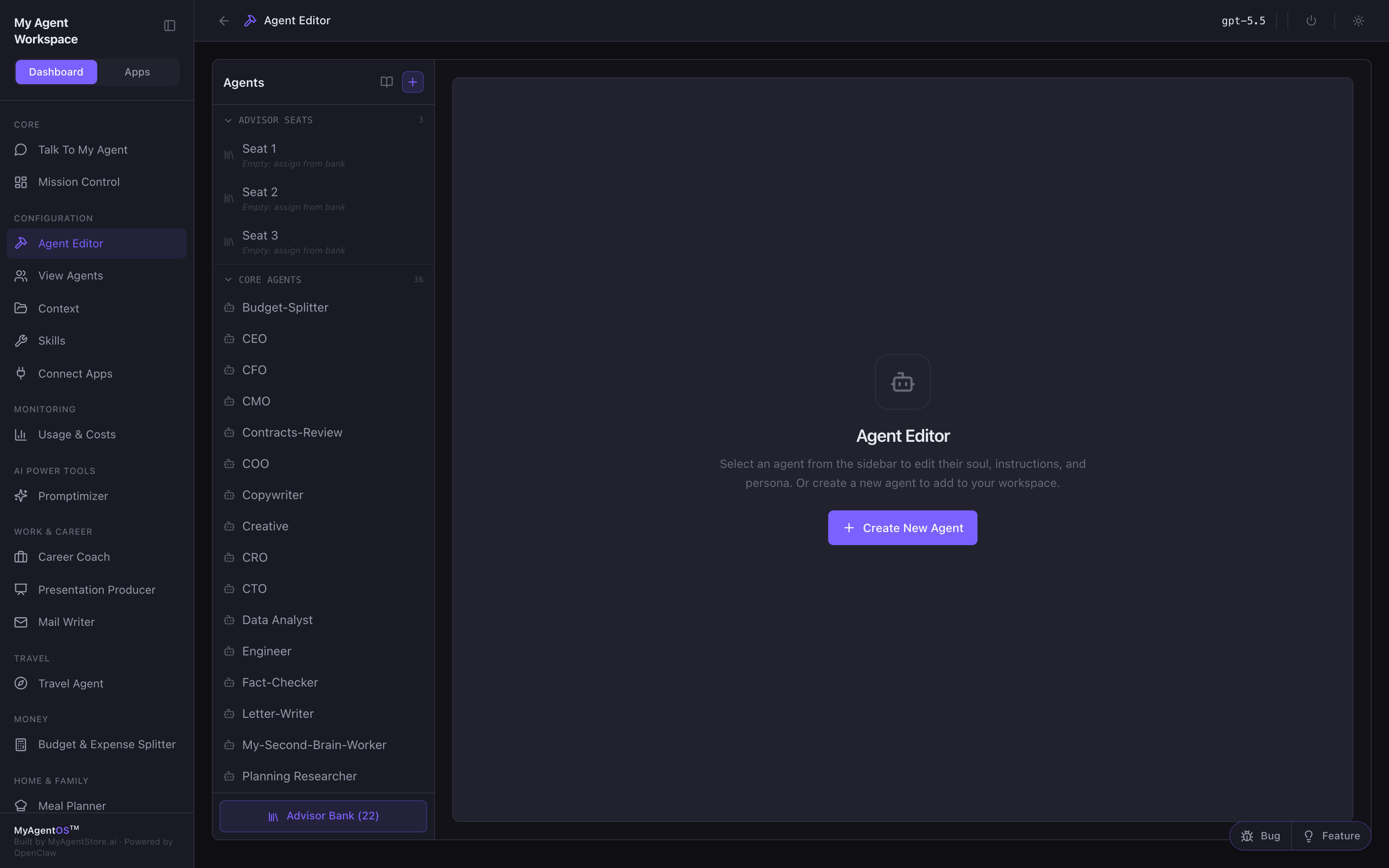 The Agent Editor and the roster it ships with