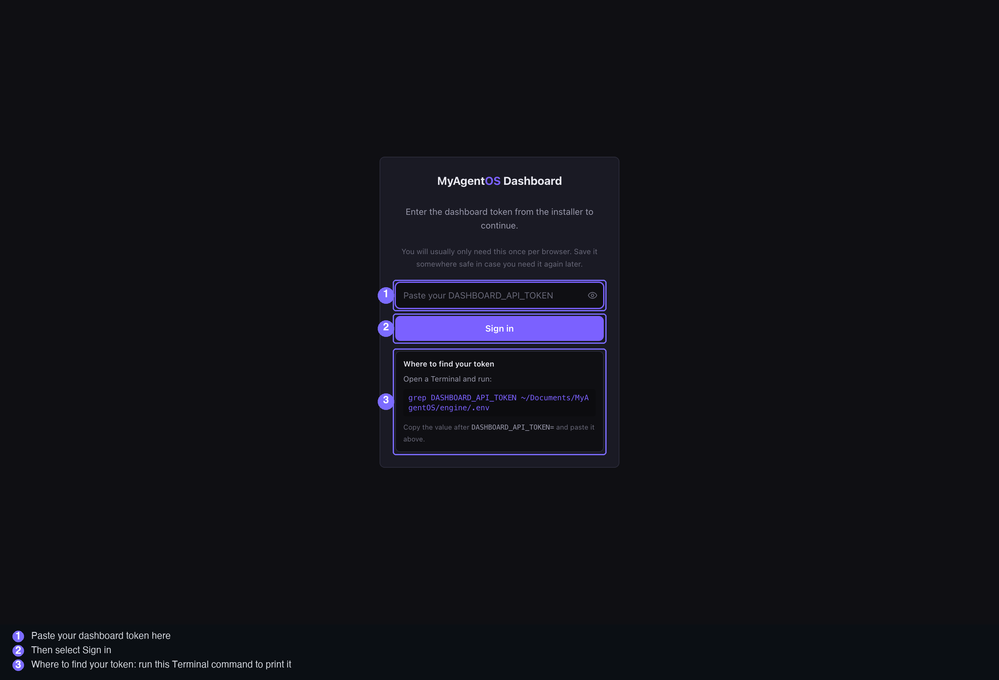 The sign-in screen: the token field, where to find your token, and the Sign in button