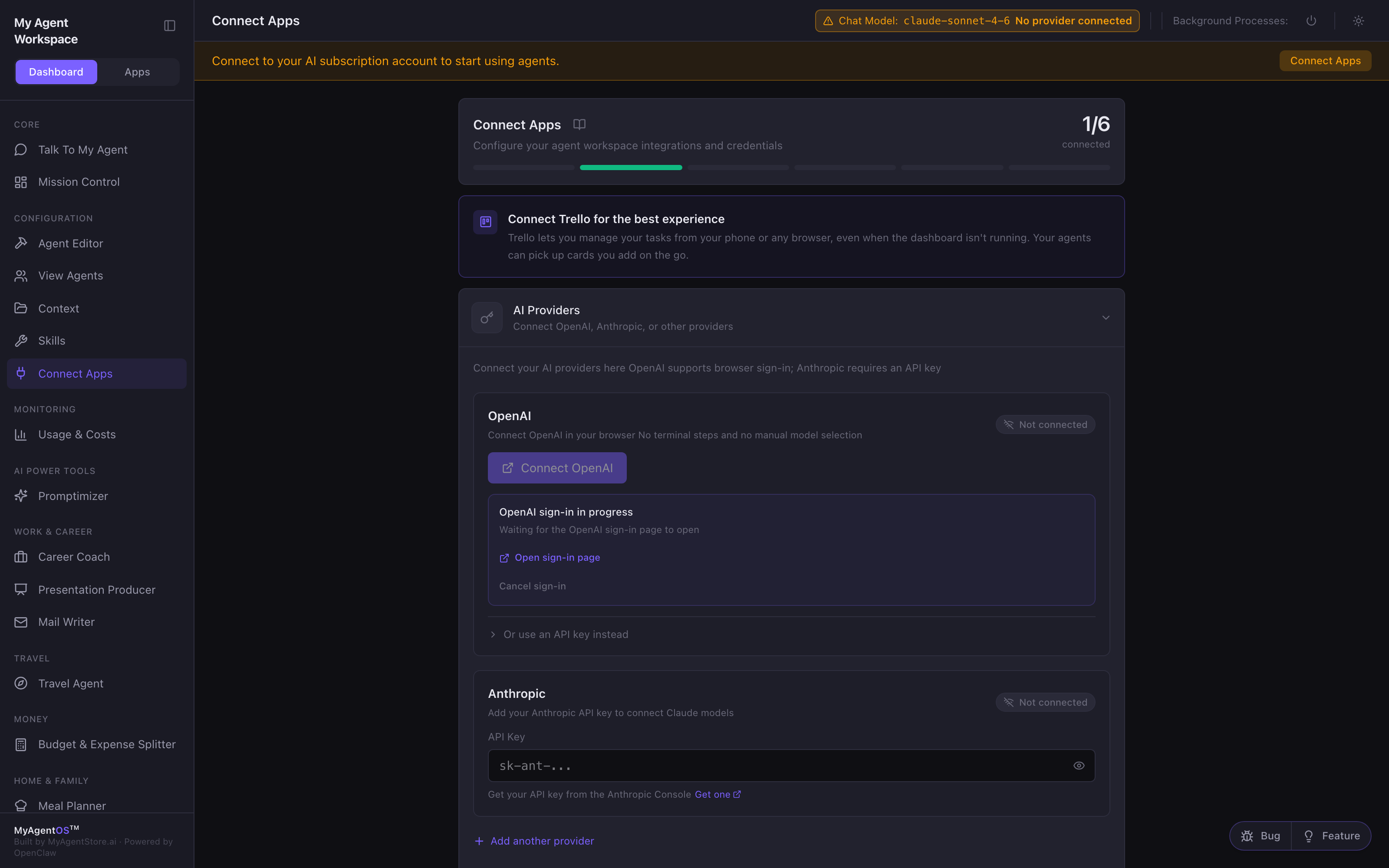 The OpenAI sign-in panel