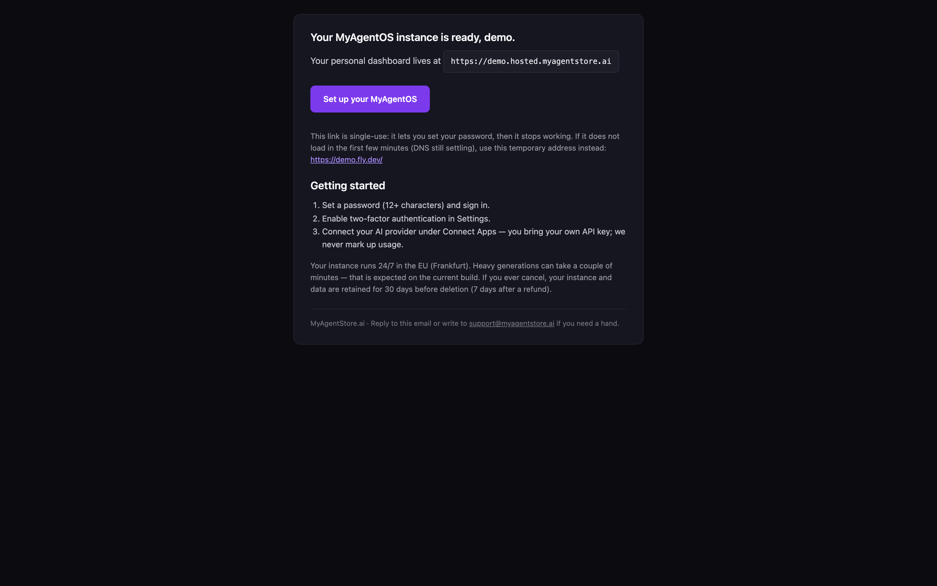 The welcome email with the single-use set-up link