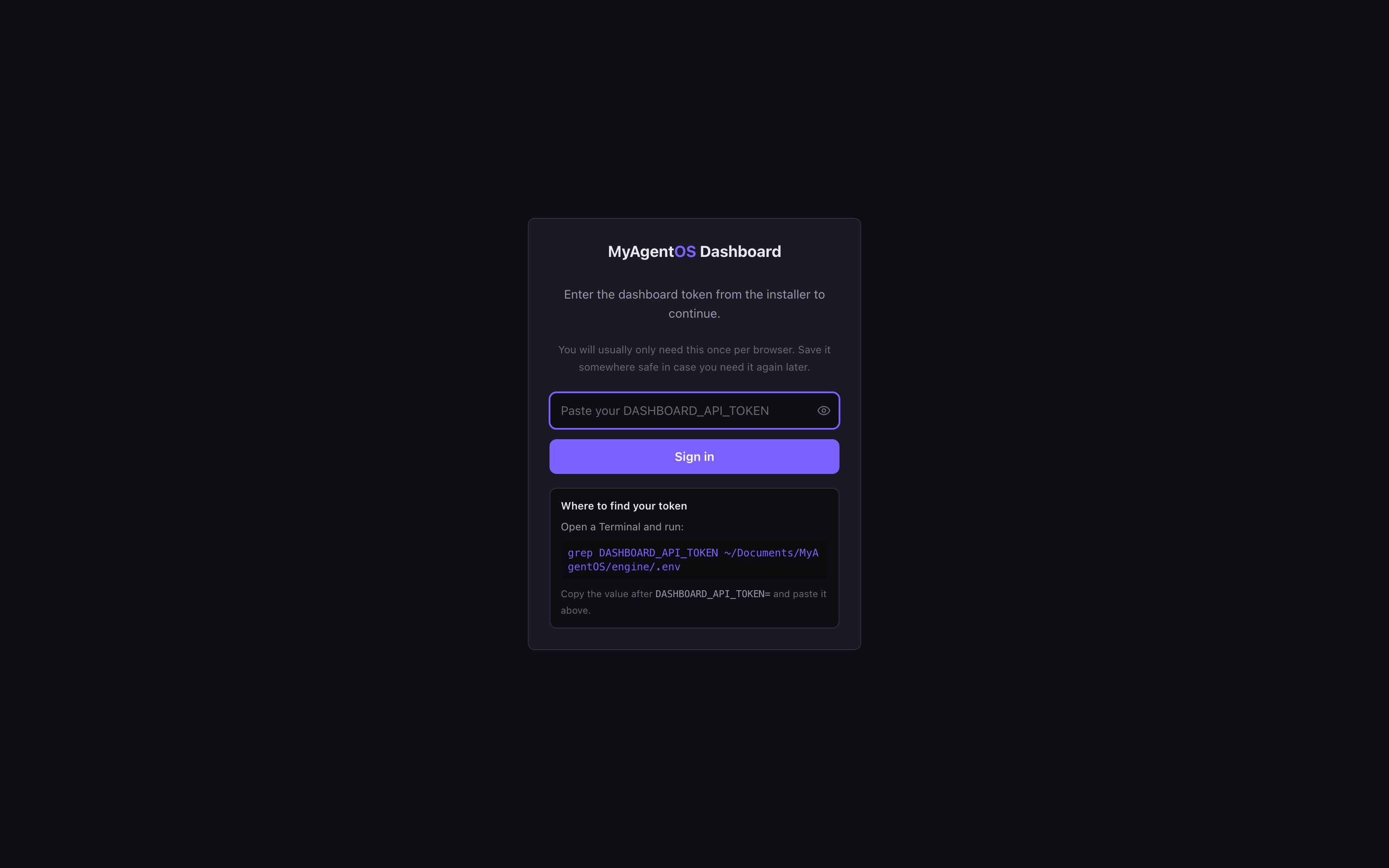 The dashboard token sign-in screen