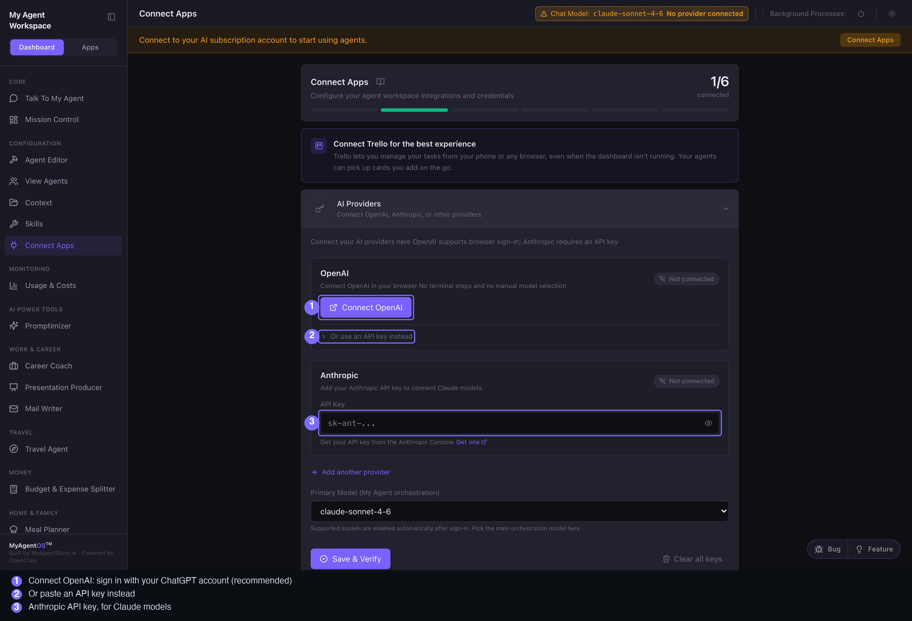 AI Providers: connect with a browser sign-in or an API key