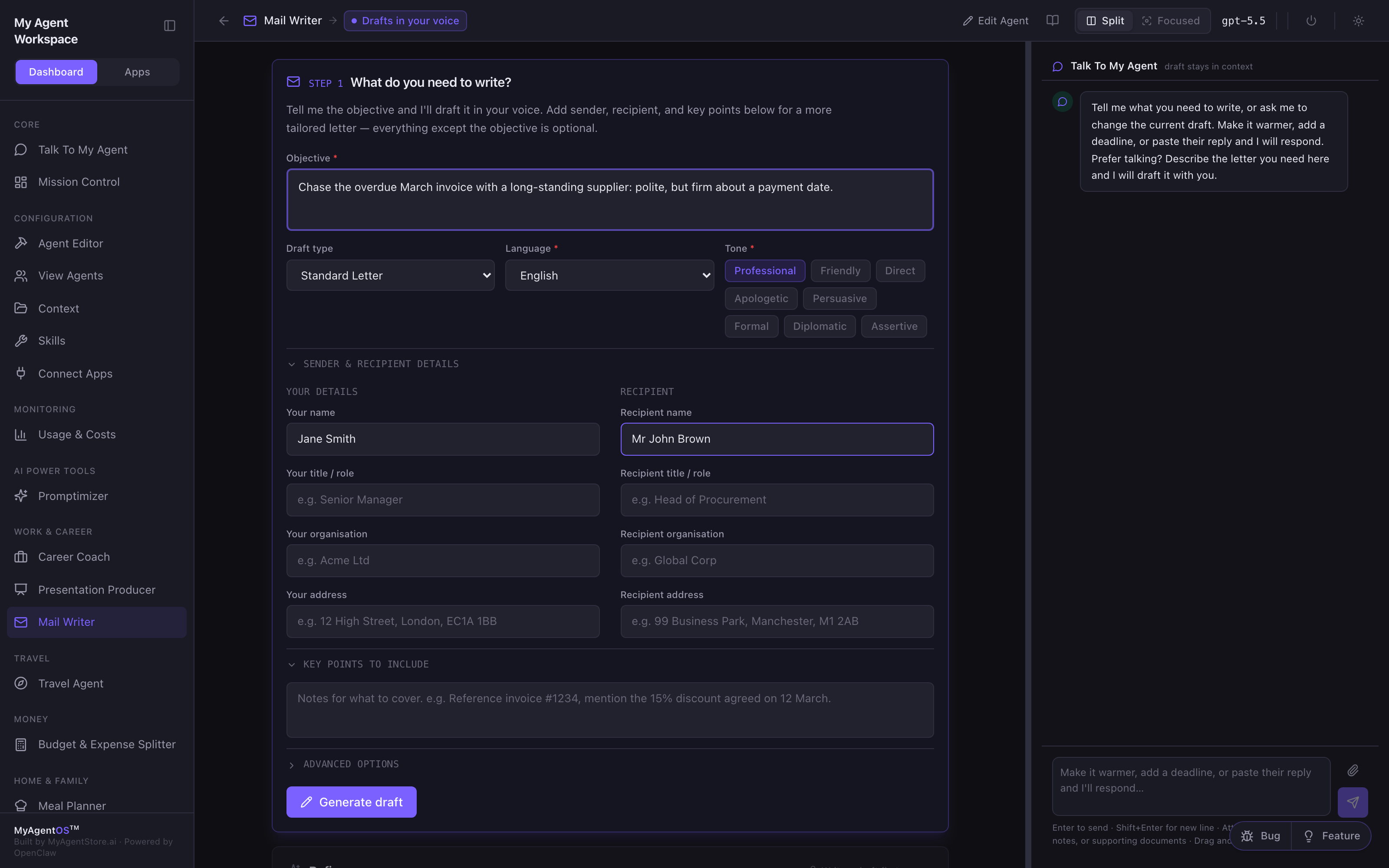 The intake form and the side chat