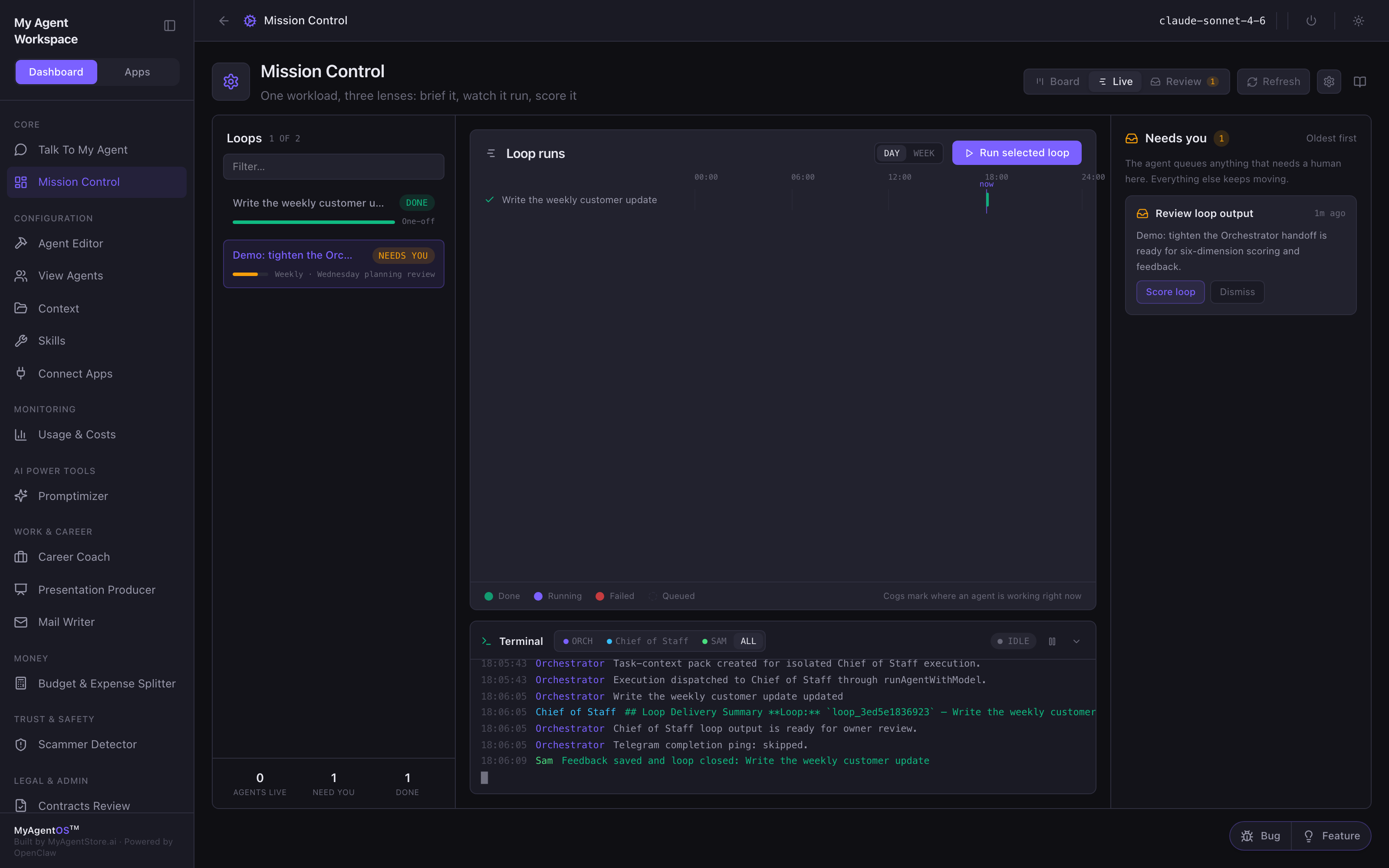 The Live lens: runs, events, and the Needs-you inbox