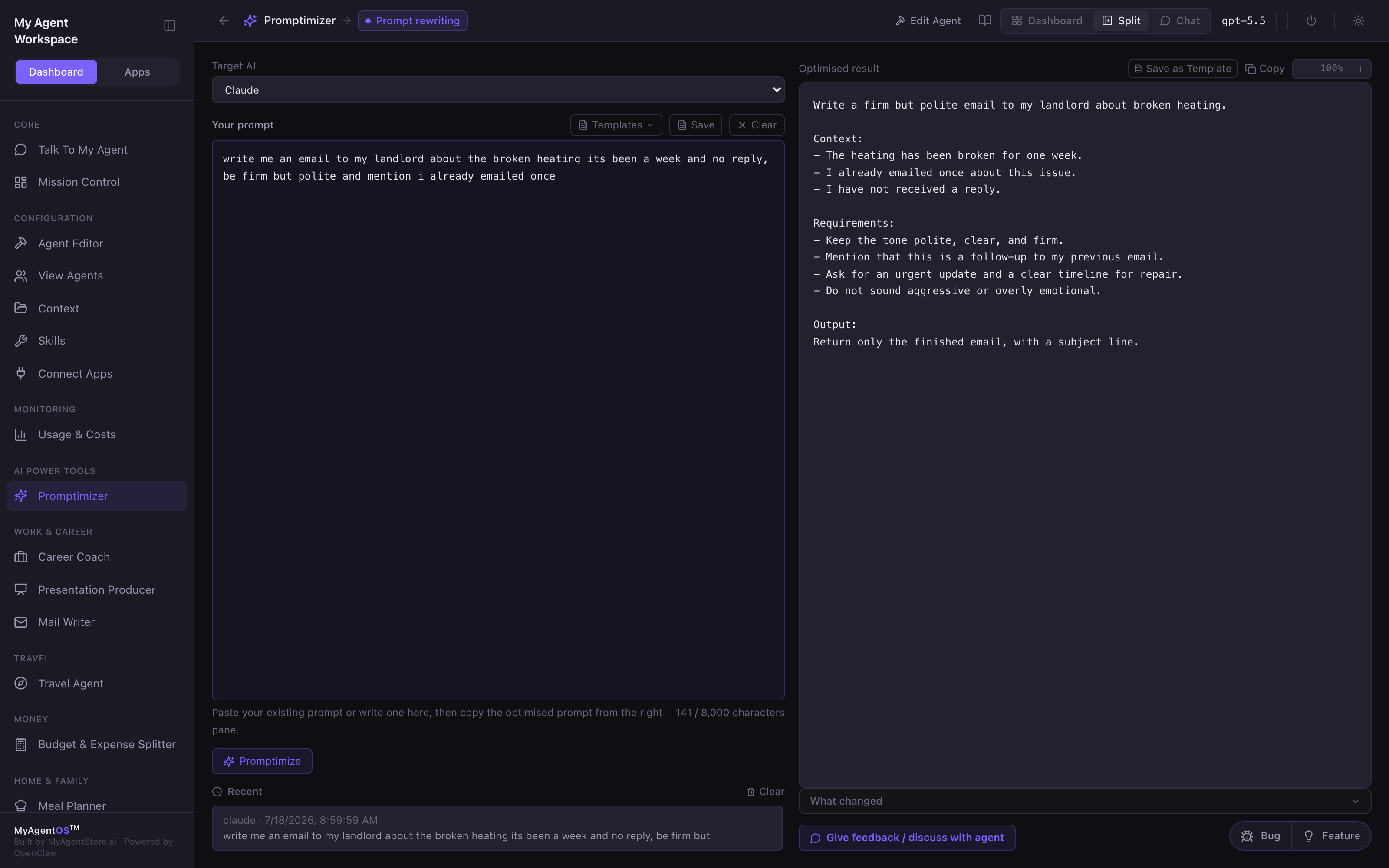 The Split view: your prompt on the left, the optimised result on the right