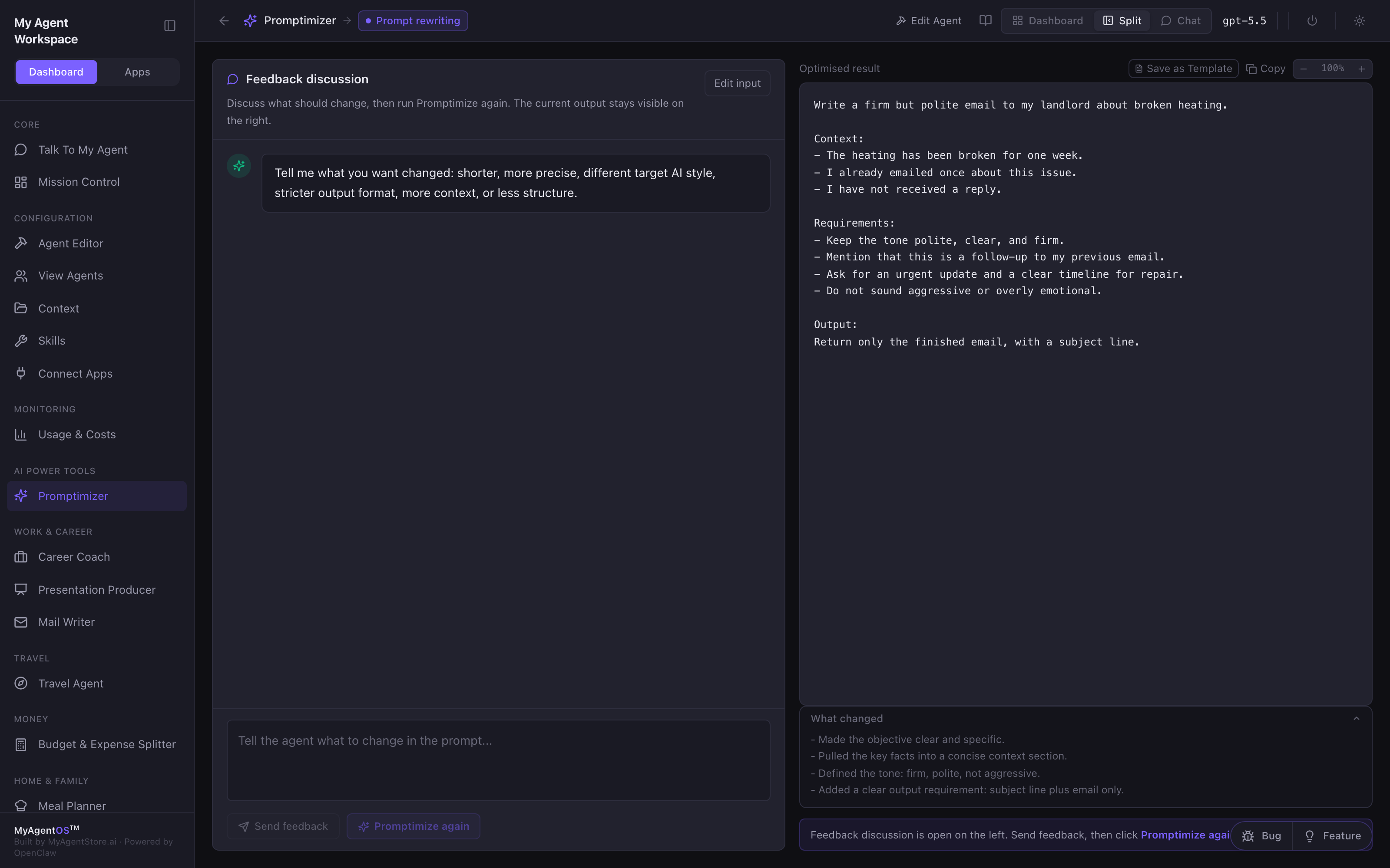 The feedback discussion: refine the prompt in place