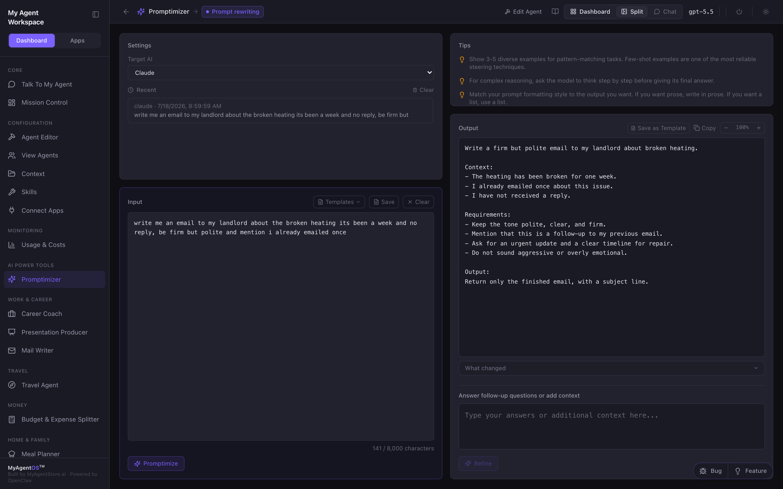 The Dashboard view, with prompt-writing tips