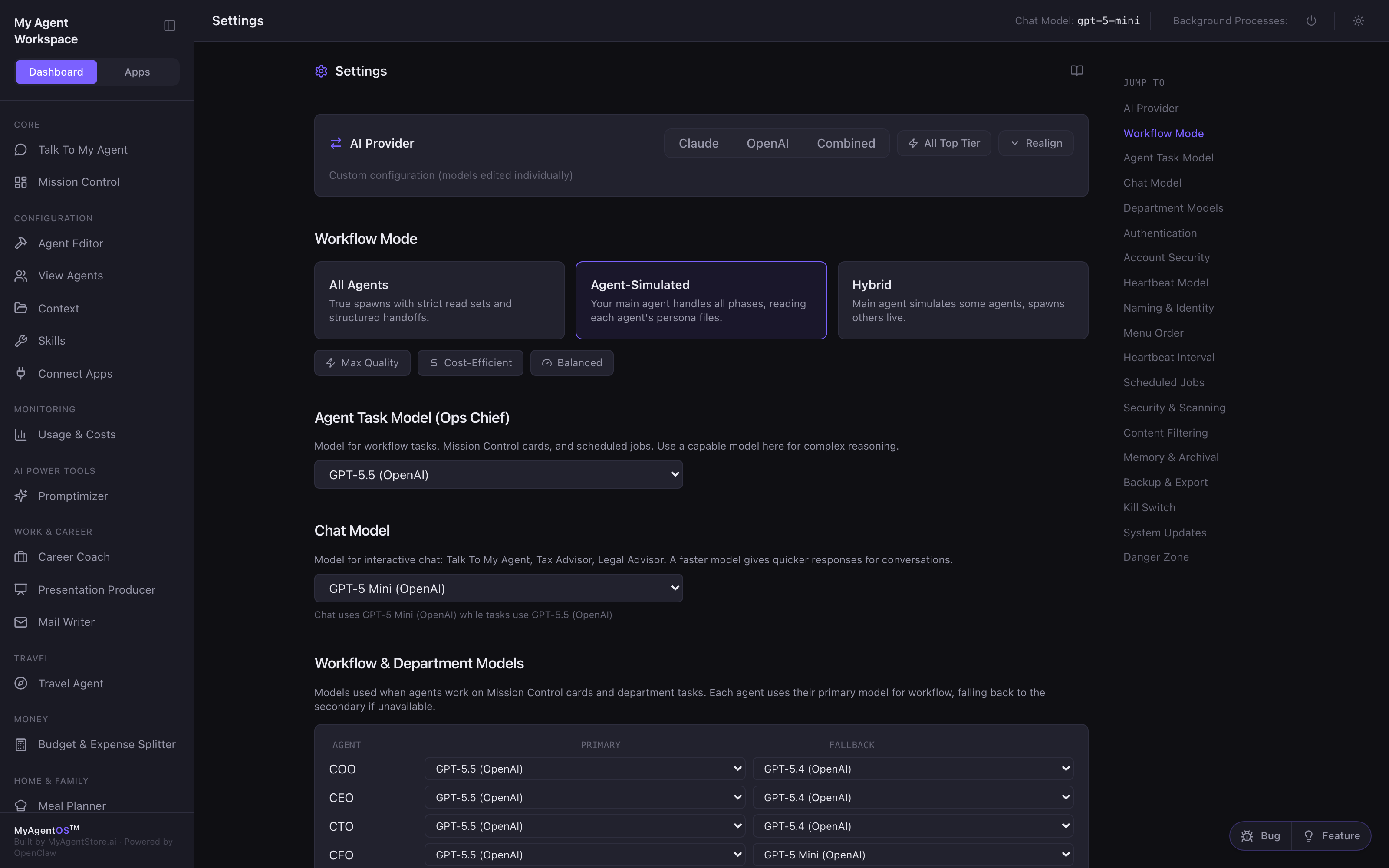 The top of the Settings page