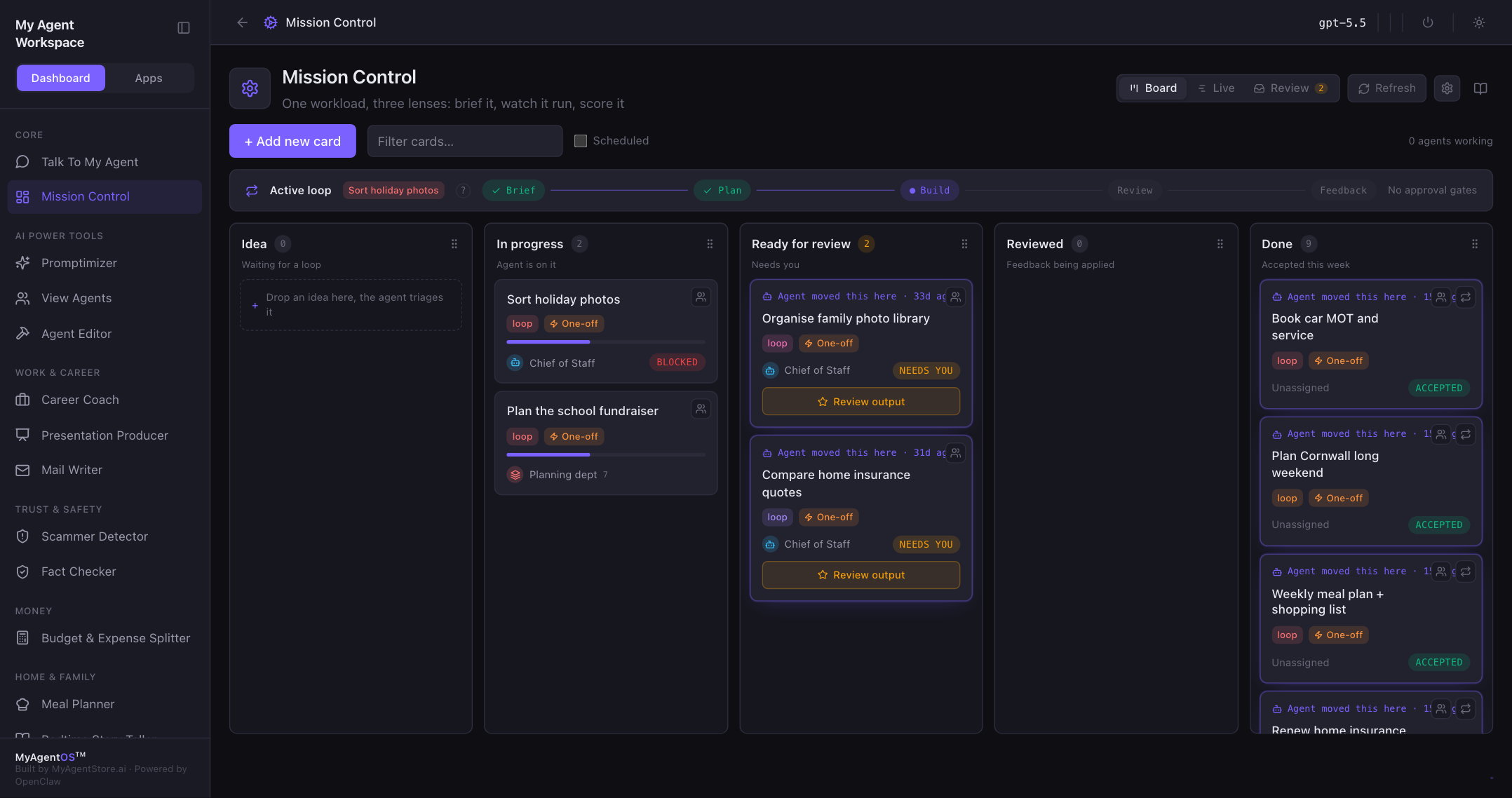 MyAgentOS Mission Control board running everyday tasks